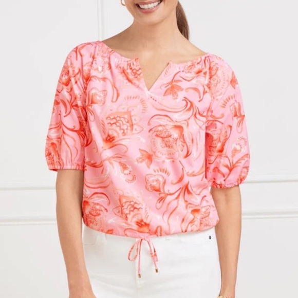 Talbots Tops - Talbots Poplin Drawcord Hem Top Jacobean Fantasia Pink Floral Tropical P Petite